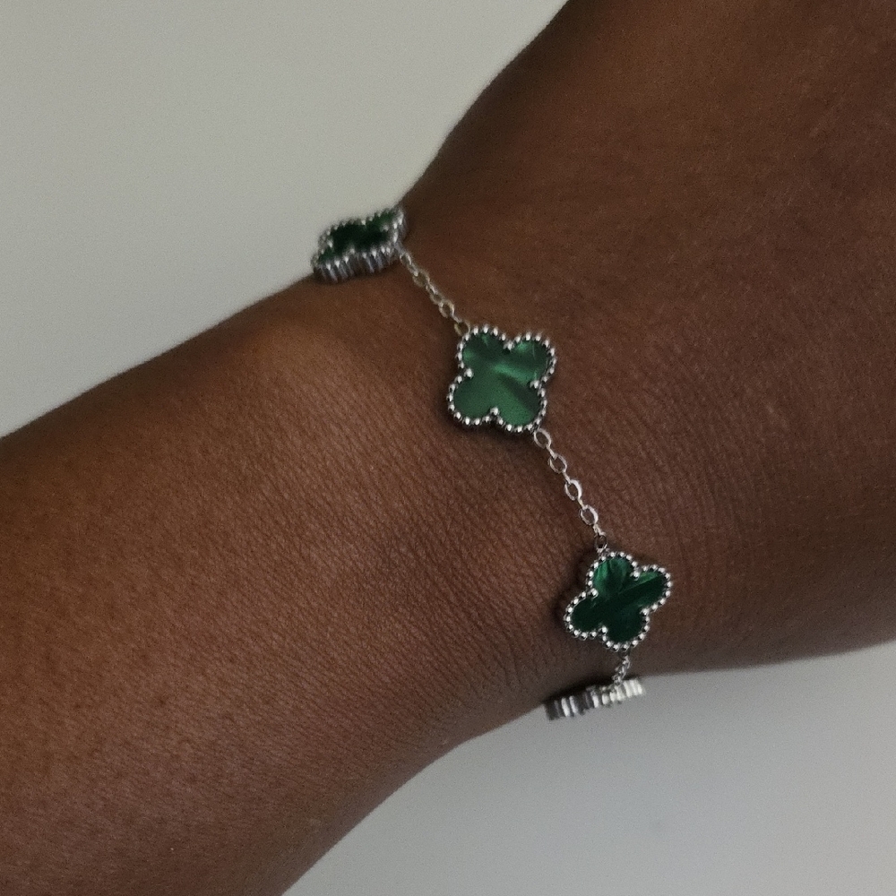 18K Green 4 Leaf Clover Silver Plated Bracelet 6-1/4" with 2" Extender